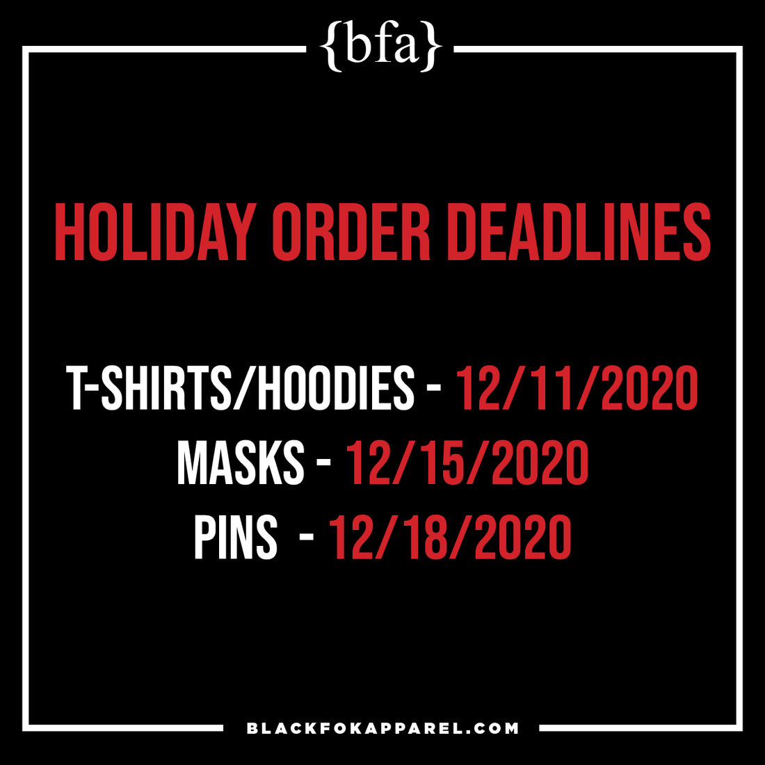 Holiday Order Deadlines