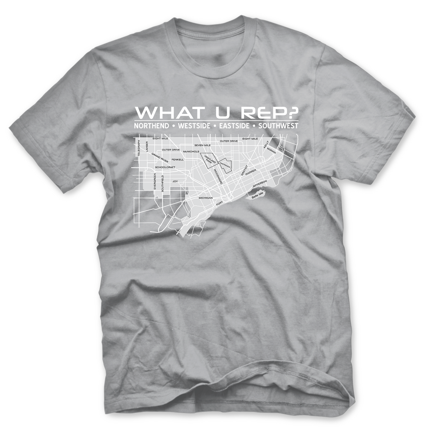 Gray t-shirt with a map design and 'WHAT U REP?' text on a white background