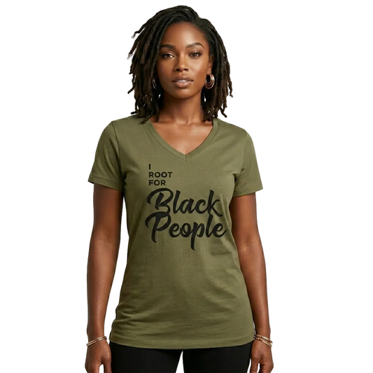 Woman wearing a green t-shirt with 'I Root for Black People' text on a white background