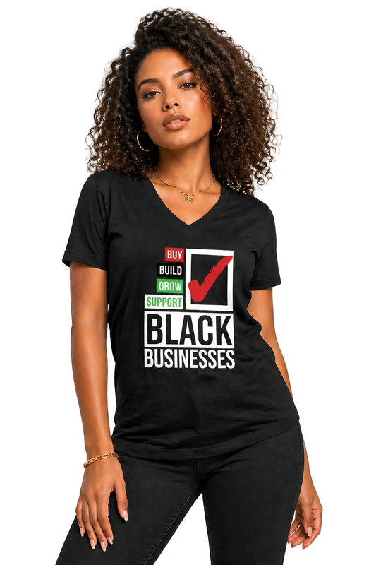 Woman wearing a black t-shirt with a graphic and text on a white background