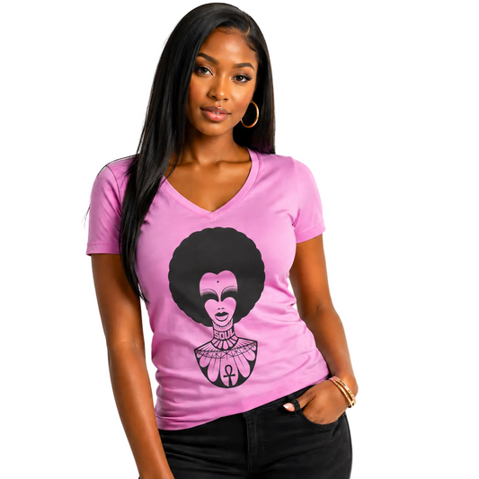 Woman wearing a pink t-shirt with a graphic design on a white background