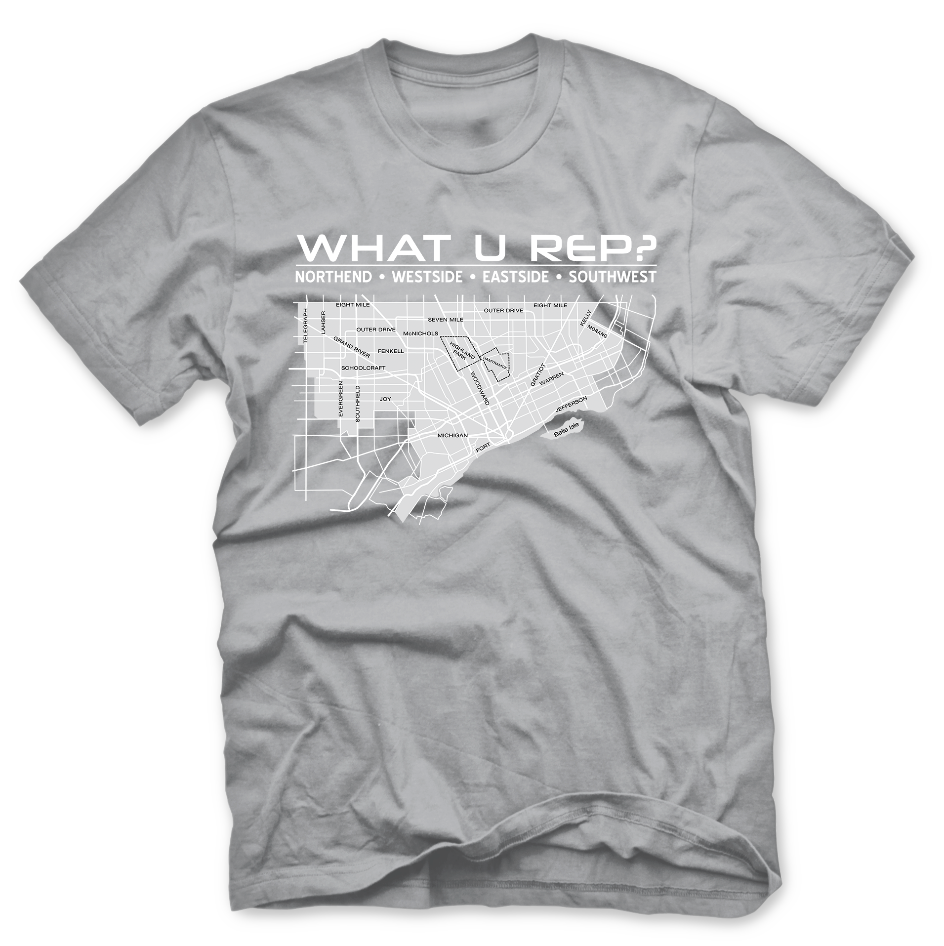 Gray t-shirt with a map design and 'WHAT U REP?' text on a white background