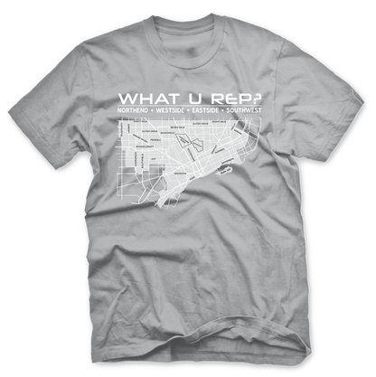 Gray t-shirt with a map design and 'WHAT U REP?' text on a white background