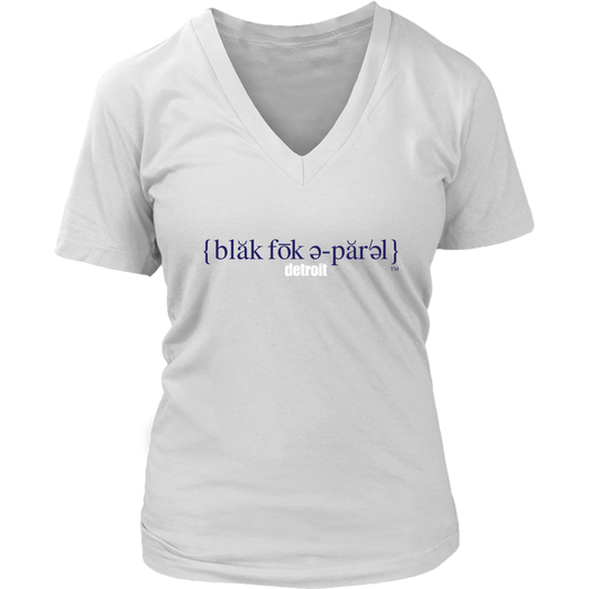 The Blackfokapparel Definition Navy Logo Women's White V-Neck T-Shirt