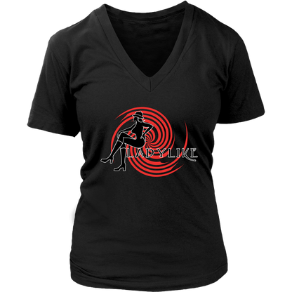 Ladylike V-Neck Womens T-shirt-Black and Red